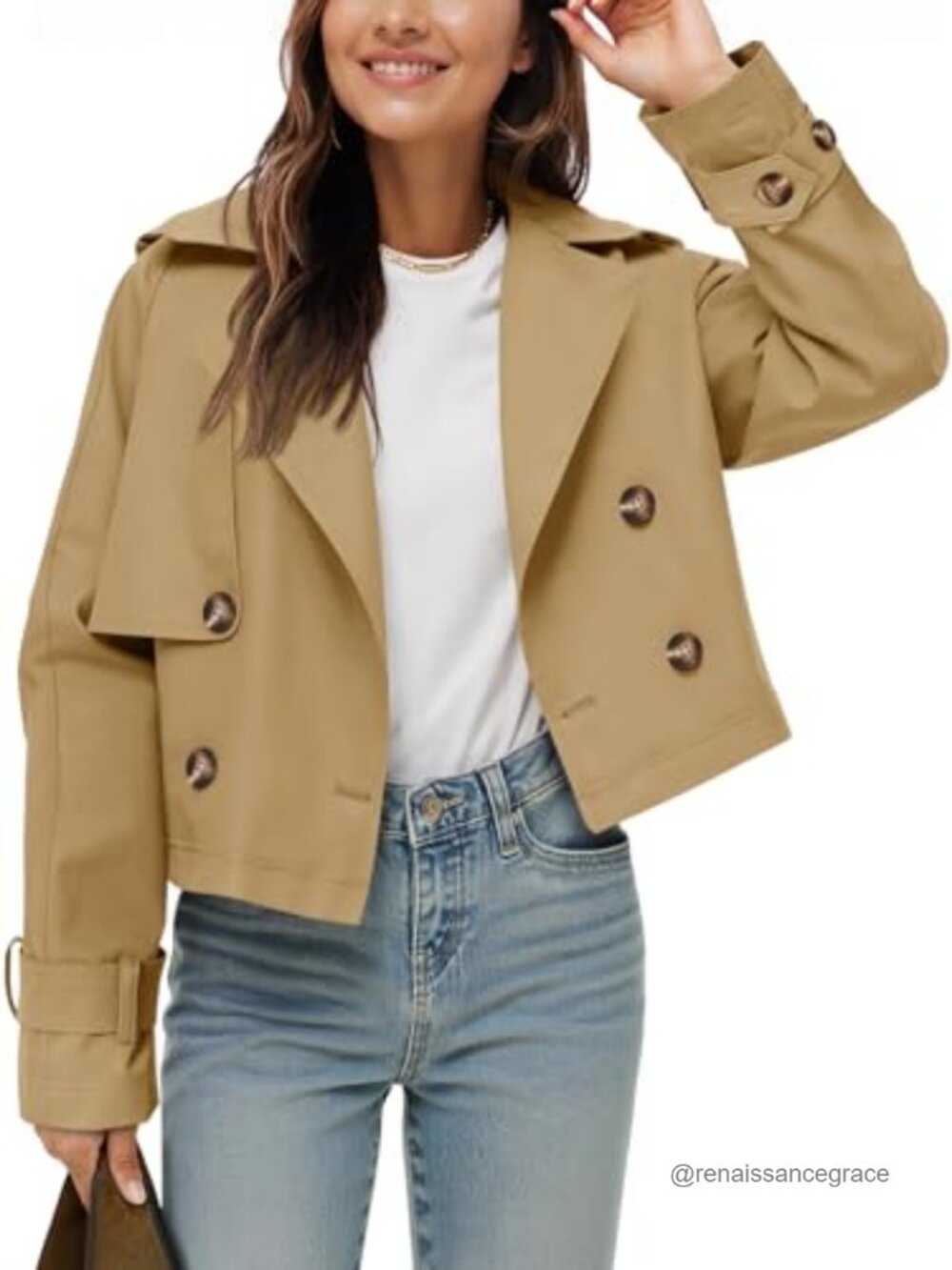 Cropped Trench Coat Women's Double Breasted Notched Lapel Button Front Loose Fit